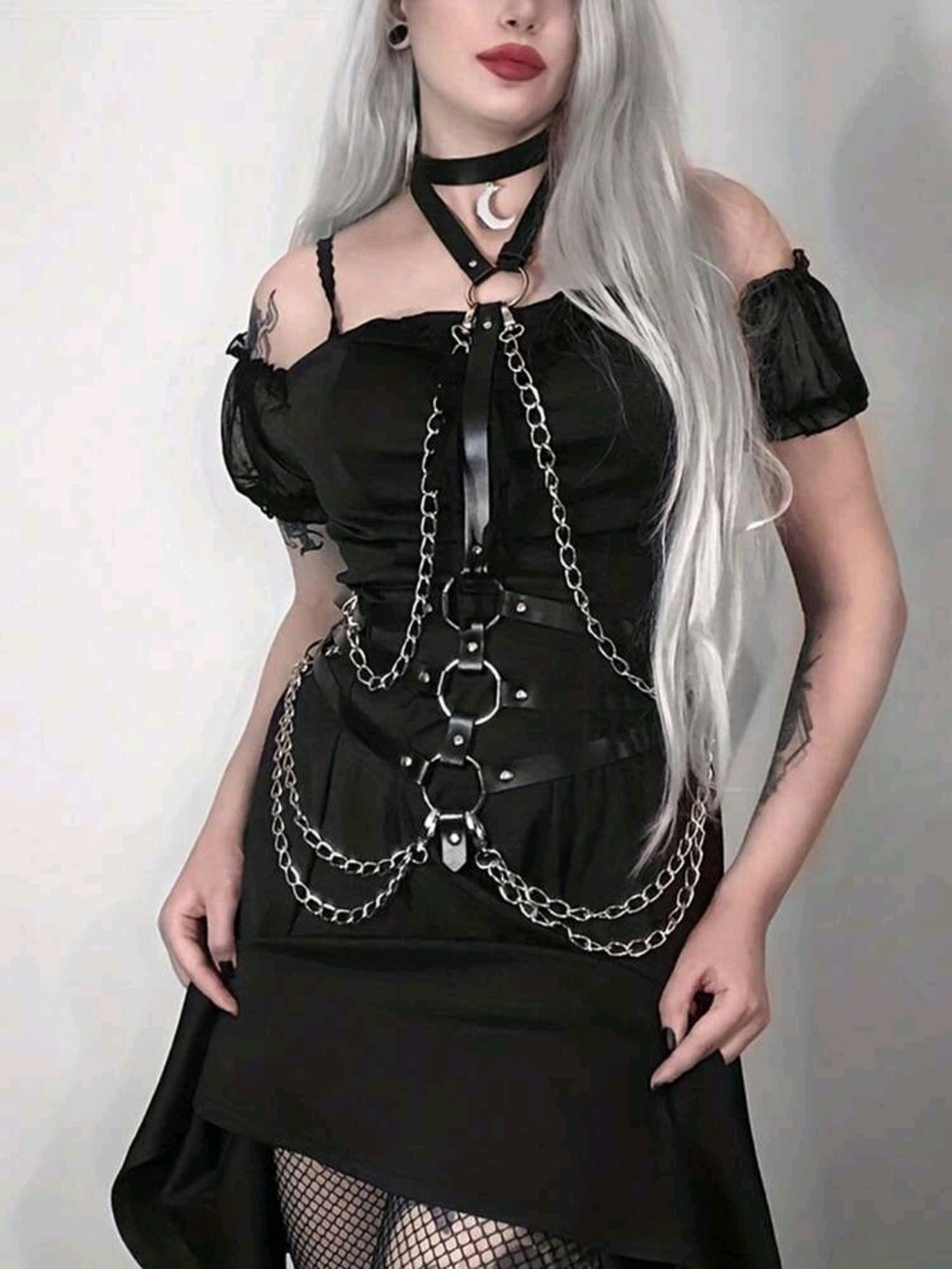 Gothic Faux Leather Harness with Silver Chains - Picture 4 of 8